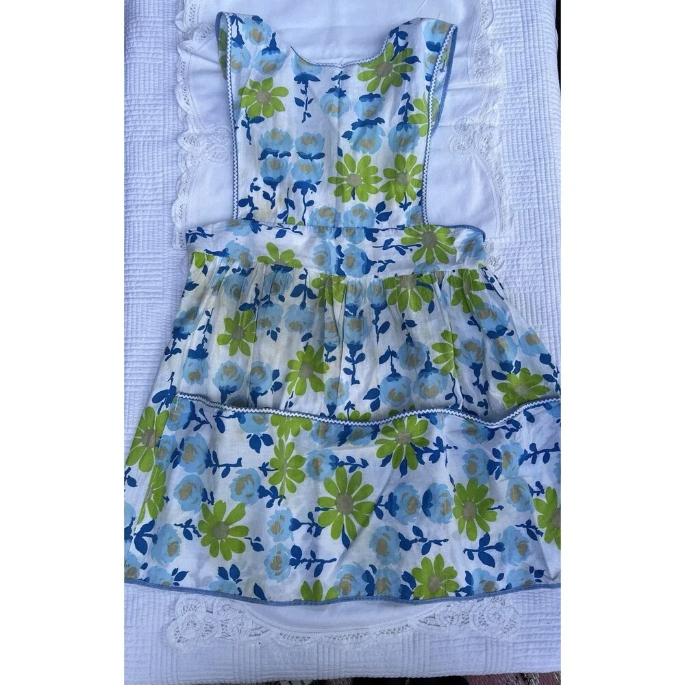 1960s Vintage Floral Cotton Apron Blue Green Daisy Bib Pocket Retro Kitchen